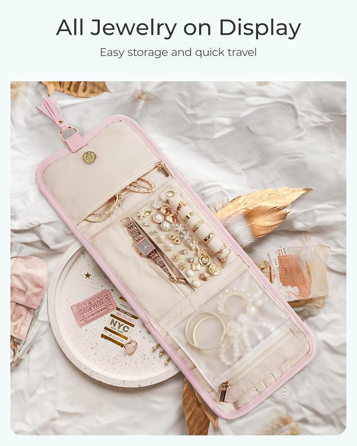 Travel Jewelry Case Organizer, Roll Foldable Jewelry Case for Journey-Rings, Necklaces, Earrings, Bracelets, Brooches, Min, Pink