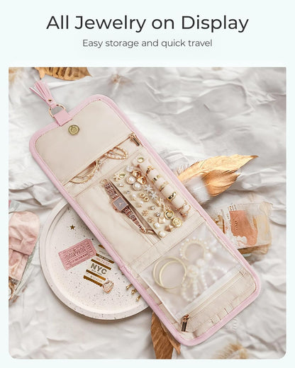 Travel Jewelry Case Organizer, Roll Foldable Jewelry Case for Journey-Rings, Necklaces, Earrings, Bracelets, Brooches, Min, Pink
