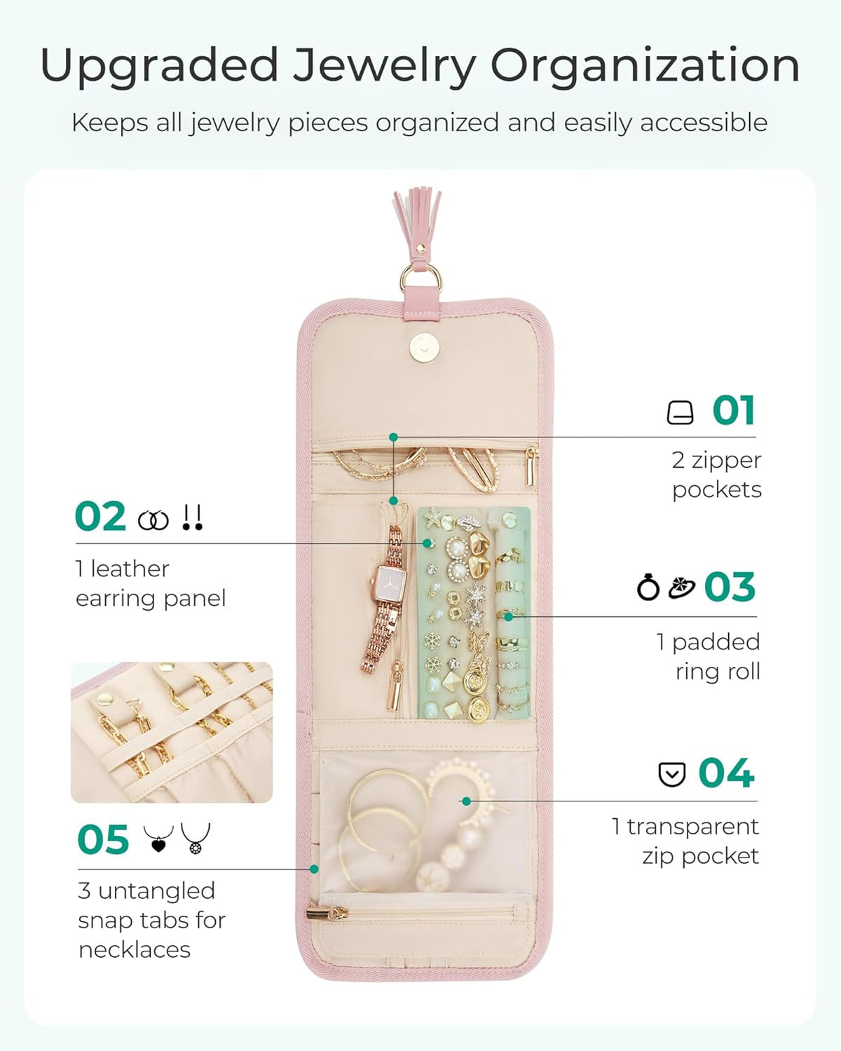 Travel Jewelry Case Organizer, Roll Foldable Jewelry Case for Journey-Rings, Necklaces, Earrings, Bracelets, Brooches, Min, Pink