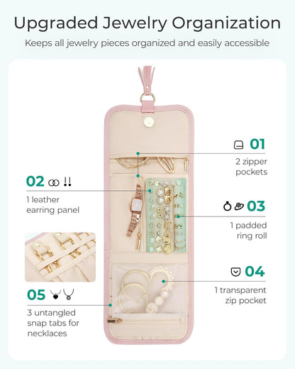 Travel Jewelry Case Organizer, Roll Foldable Jewelry Case for Journey-Rings, Necklaces, Earrings, Bracelets, Brooches, Min, Pink