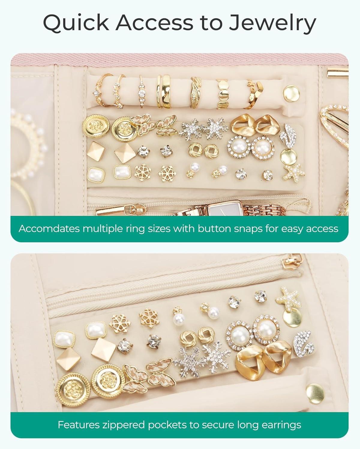 Travel Jewelry Case Organizer, Roll Foldable Jewelry Case for Journey-Rings, Necklaces, Earrings, Bracelets, Brooches, Min, Pink