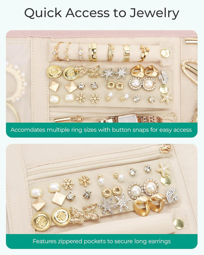 Travel Jewelry Case Organizer, Roll Foldable Jewelry Case for Journey-Rings, Necklaces, Earrings, Bracelets, Brooches, Min, Pink