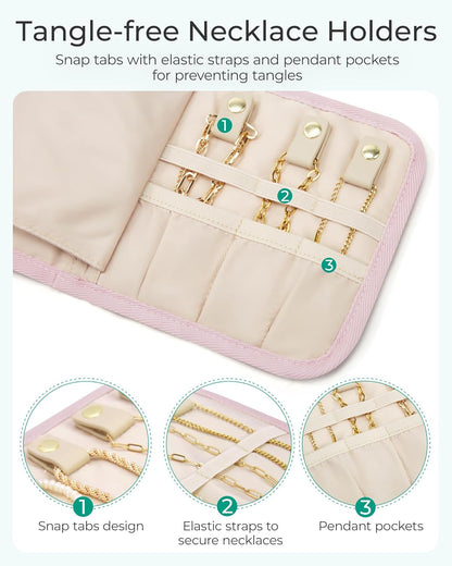 Travel Jewelry Case Organizer, Roll Foldable Jewelry Case for Journey-Rings, Necklaces, Earrings, Bracelets, Brooches, Min, Pink