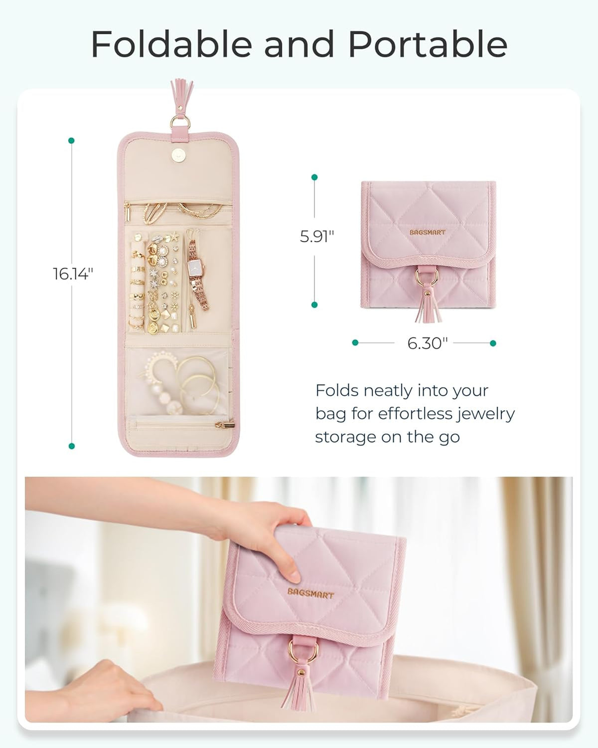 Travel Jewelry Case Organizer, Roll Foldable Jewelry Case for Journey-Rings, Necklaces, Earrings, Bracelets, Brooches, Min, Pink