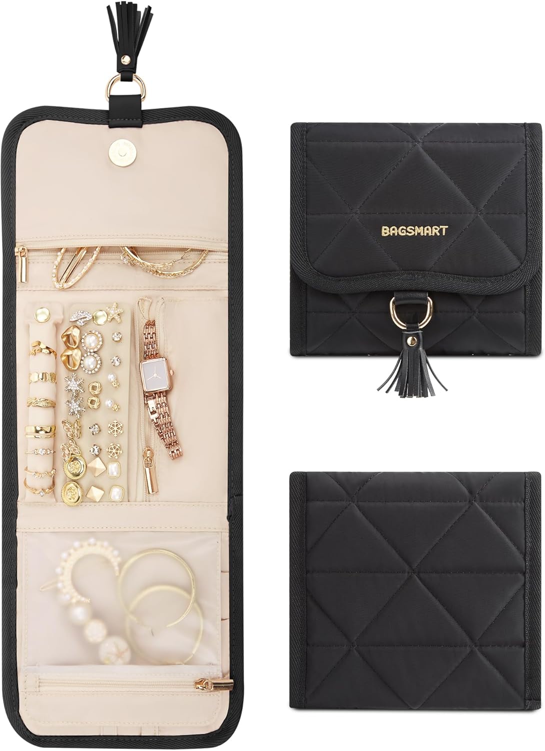 Travel Jewelry Case Organizer, Roll Foldable Jewelry Case for Journey-Rings, Necklaces, Earrings, Bracelets, Brooches, Min, Pink