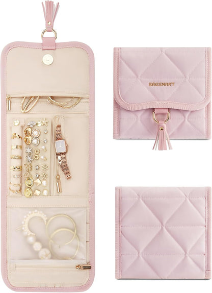 Travel Jewelry Case Organizer, Roll Foldable Jewelry Case for Journey-Rings, Necklaces, Earrings, Bracelets, Brooches, Min, Pink