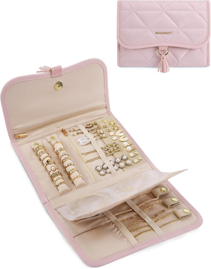 Travel Jewelry Case Organizer, Roll Foldable Jewelry Case for Journey-Rings, Necklaces, Earrings, Bracelets, Brooches, Min, Pink