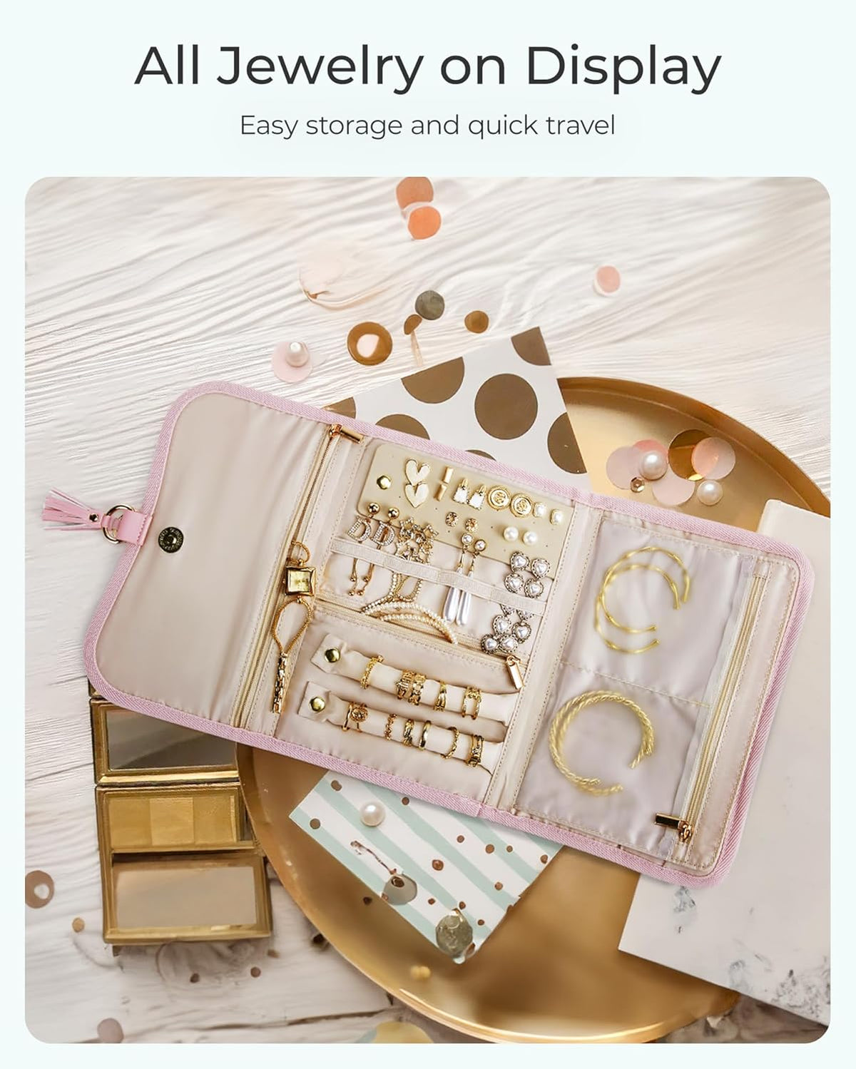 Travel Jewelry Case Organizer, Roll Foldable Jewelry Case for Journey-Rings, Necklaces, Earrings, Bracelets, Brooches, Min, Pink