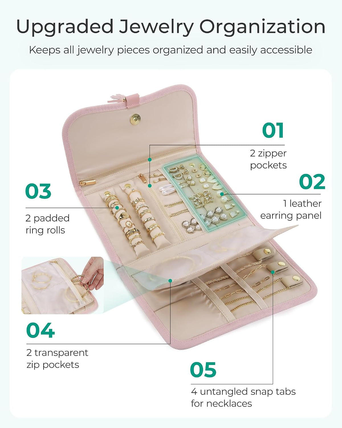 Travel Jewelry Case Organizer, Roll Foldable Jewelry Case for Journey-Rings, Necklaces, Earrings, Bracelets, Brooches, Min, Pink
