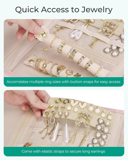 Travel Jewelry Case Organizer, Roll Foldable Jewelry Case for Journey-Rings, Necklaces, Earrings, Bracelets, Brooches, Min, Pink