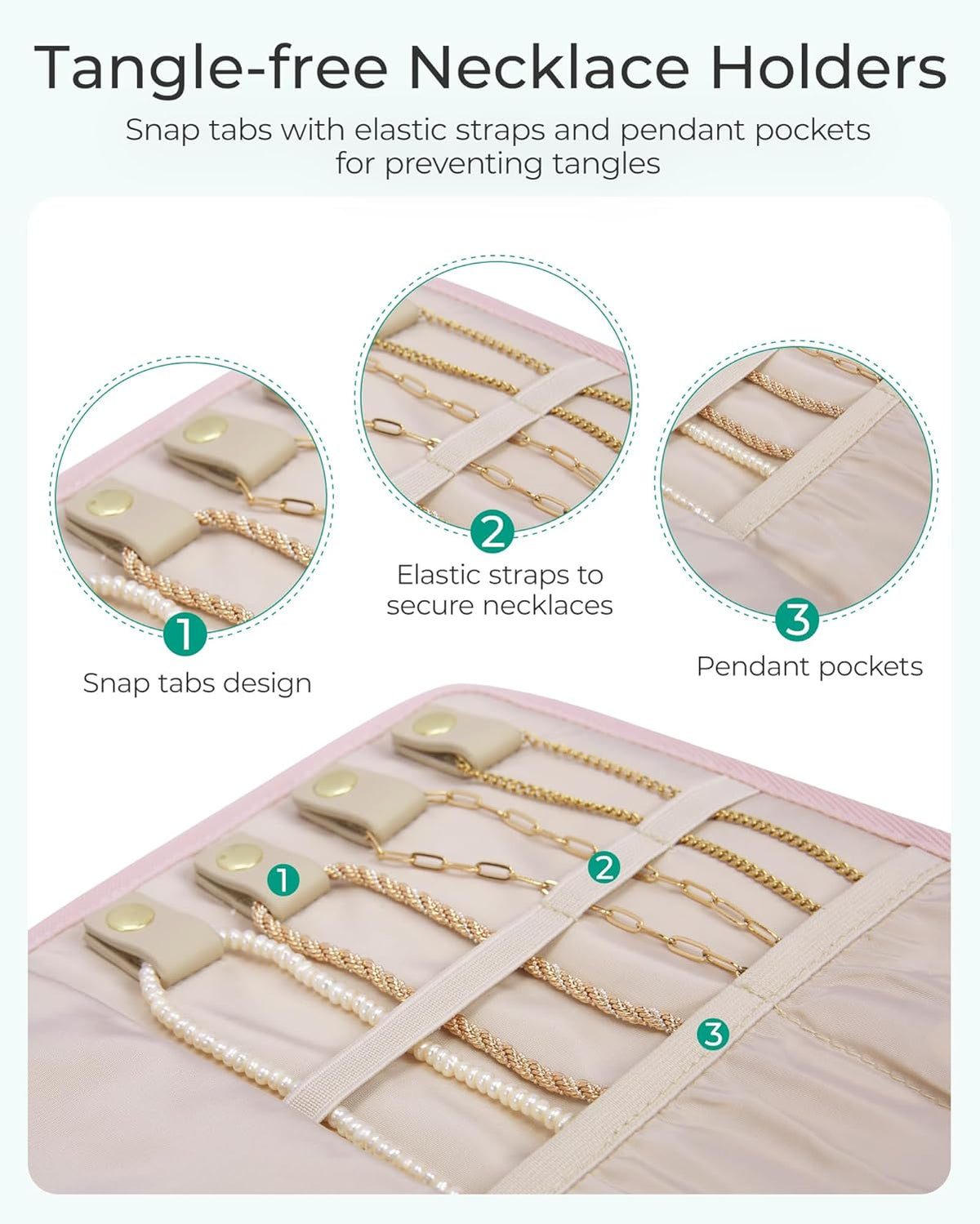 Travel Jewelry Case Organizer, Roll Foldable Jewelry Case for Journey-Rings, Necklaces, Earrings, Bracelets, Brooches, Min, Pink