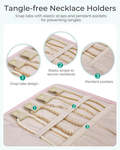 Travel Jewelry Case Organizer, Roll Foldable Jewelry Case for Journey-Rings, Necklaces, Earrings, Bracelets, Brooches, Min, Pink