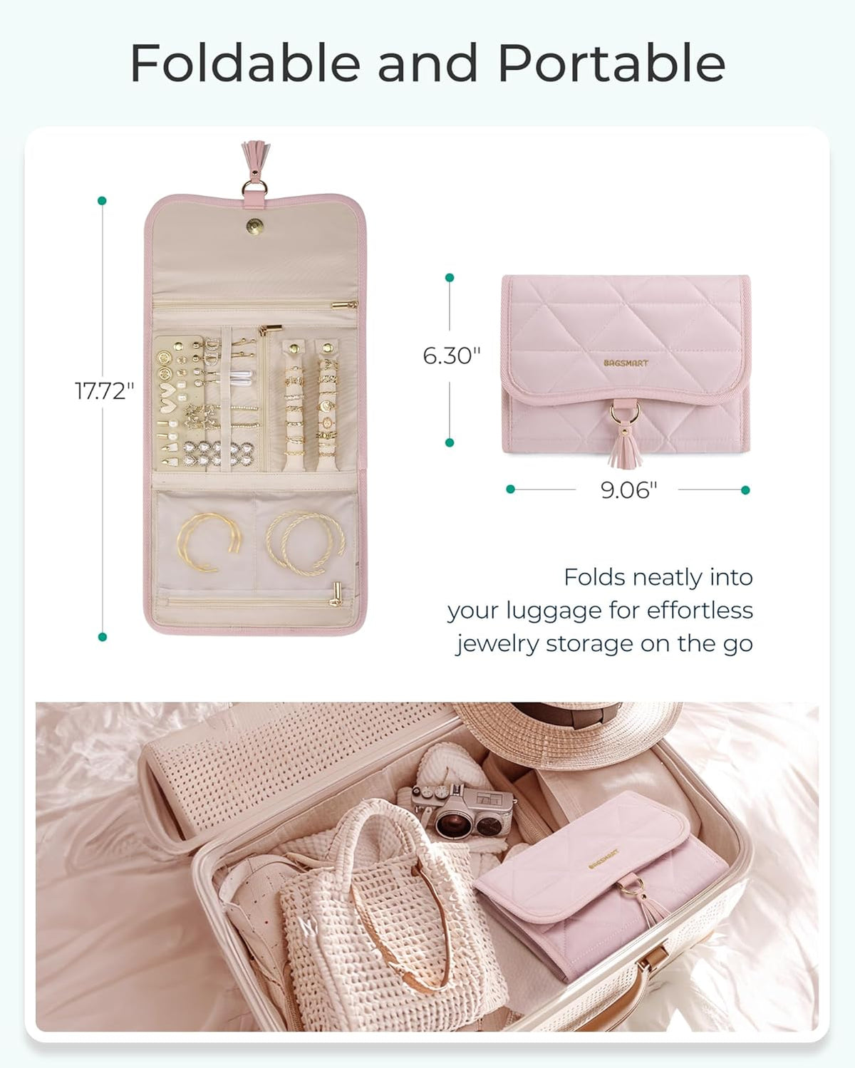 Travel Jewelry Case Organizer, Roll Foldable Jewelry Case for Journey-Rings, Necklaces, Earrings, Bracelets, Brooches, Min, Pink