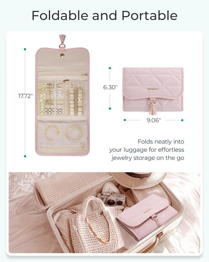 Travel Jewelry Case Organizer, Roll Foldable Jewelry Case for Journey-Rings, Necklaces, Earrings, Bracelets, Brooches, Min, Pink