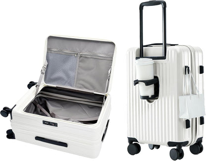 19 Inch Expandable Carry On Luggage with Cup Holder, Hardside TSA Approved Luggage with Spinner Wheels, Top Opening Suitcase For Travel, White