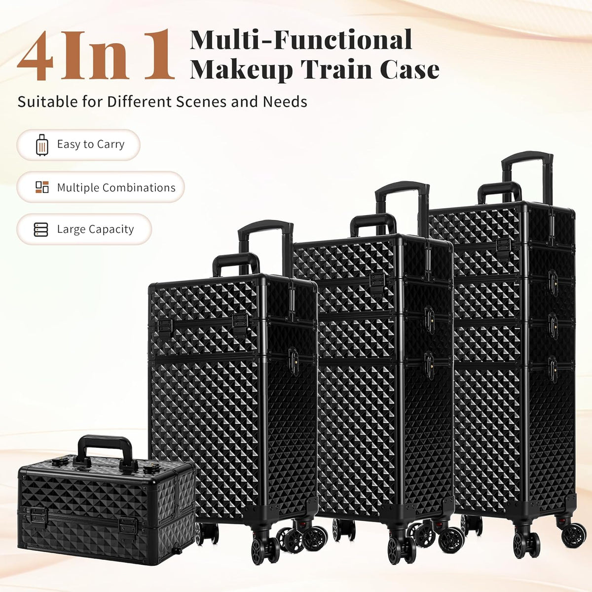Rolling Makeup Train Case 4 in 1 Cosmetology Case on Wheels Large Storage Cosmetic Trolley with Key Salon Barber Case Traveling Cart Trunk, Pink
