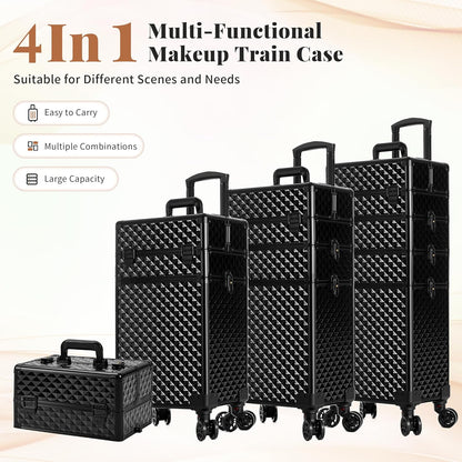 Rolling Makeup Train Case 4 in 1 Cosmetology Case on Wheels Large Storage Cosmetic Trolley with Key Salon Barber Case Traveling Cart Trunk, Pink