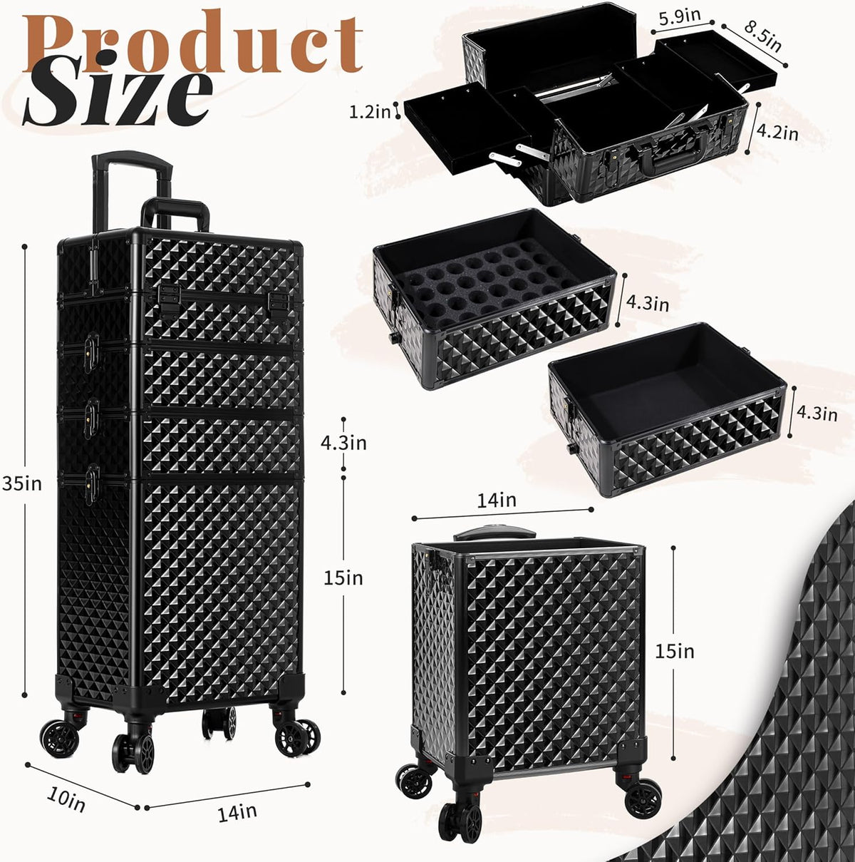 Rolling Makeup Train Case 4 in 1 Cosmetology Case on Wheels Large Storage Cosmetic Trolley with Key Salon Barber Case Traveling Cart Trunk, Pink