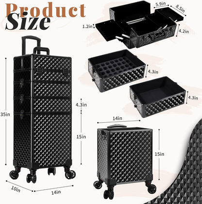 Rolling Makeup Train Case 4 in 1 Cosmetology Case on Wheels Large Storage Cosmetic Trolley with Key Salon Barber Case Traveling Cart Trunk, Pink