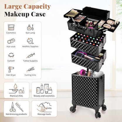 Rolling Makeup Train Case 4 in 1 Cosmetology Case on Wheels Large Storage Cosmetic Trolley with Key Salon Barber Case Traveling Cart Trunk, Pink