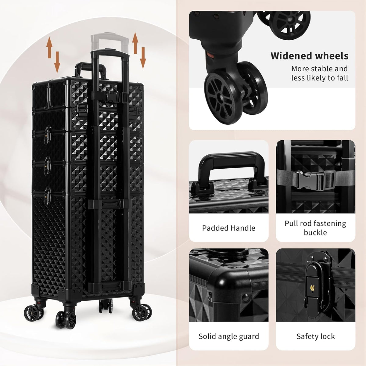 Rolling Makeup Train Case 4 in 1 Cosmetology Case on Wheels Large Storage Cosmetic Trolley with Key Salon Barber Case Traveling Cart Trunk, Pink