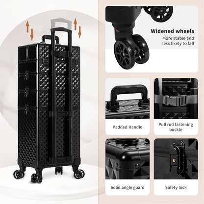 Rolling Makeup Train Case 4 in 1 Cosmetology Case on Wheels Large Storage Cosmetic Trolley with Key Salon Barber Case Traveling Cart Trunk, Pink