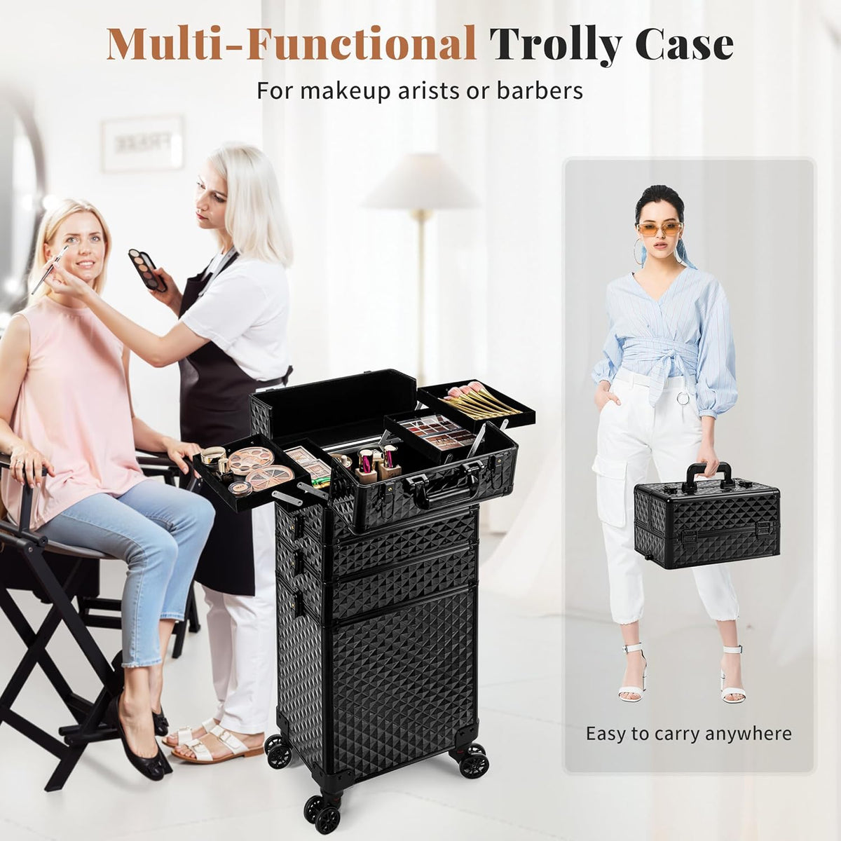 Rolling Makeup Train Case 4 in 1 Cosmetology Case on Wheels Large Storage Cosmetic Trolley with Key Salon Barber Case Traveling Cart Trunk, Pink