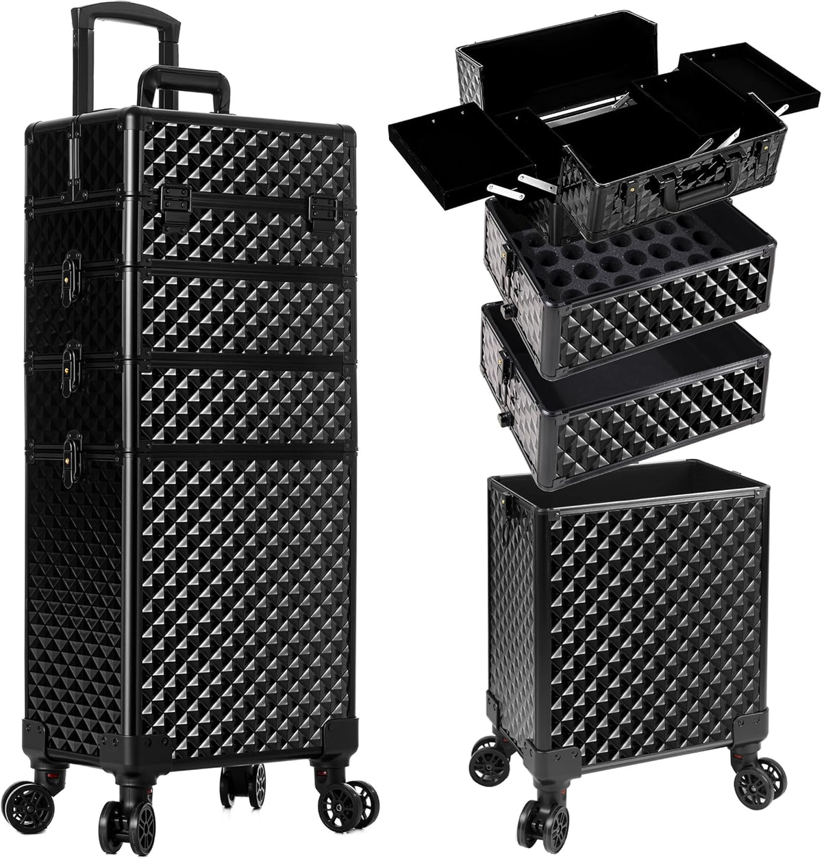 Rolling Makeup Train Case 4 in 1 Cosmetology Case on Wheels Large Storage Cosmetic Trolley with Key Salon Barber Case Traveling Cart Trunk, Pink