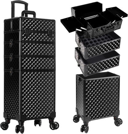 Rolling Makeup Train Case 4 in 1 Cosmetology Case on Wheels Large Storage Cosmetic Trolley with Key Salon Barber Case Traveling Cart Trunk, Pink