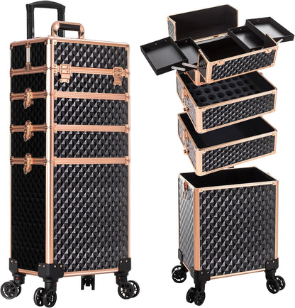 Rolling Makeup Train Case 4 in 1 Cosmetology Case on Wheels Large Storage Cosmetic Trolley with Key Salon Barber Case Traveling Cart Trunk, Pink