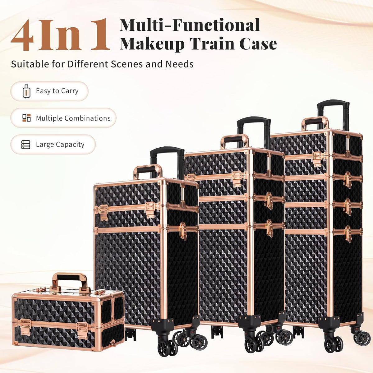 Rolling Makeup Train Case 4 in 1 Cosmetology Case on Wheels Large Storage Cosmetic Trolley with Key Salon Barber Case Traveling Cart Trunk, Pink