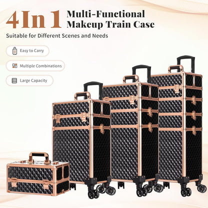Rolling Makeup Train Case 4 in 1 Cosmetology Case on Wheels Large Storage Cosmetic Trolley with Key Salon Barber Case Traveling Cart Trunk, Pink