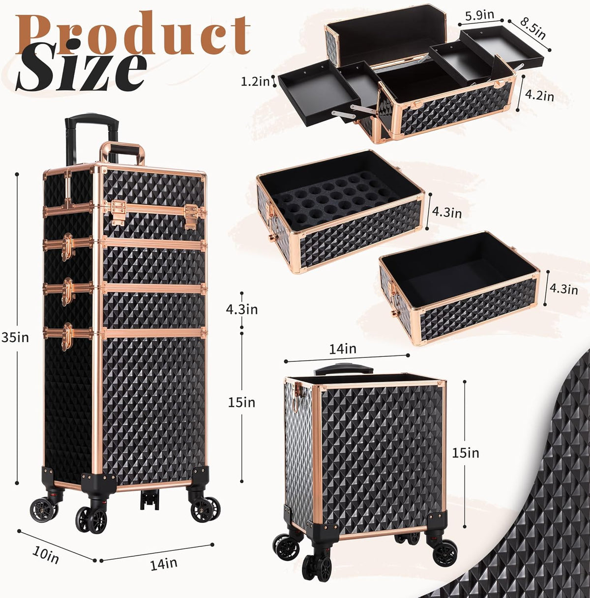 Rolling Makeup Train Case 4 in 1 Cosmetology Case on Wheels Large Storage Cosmetic Trolley with Key Salon Barber Case Traveling Cart Trunk, Pink
