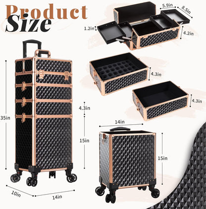 Rolling Makeup Train Case 4 in 1 Cosmetology Case on Wheels Large Storage Cosmetic Trolley with Key Salon Barber Case Traveling Cart Trunk, Pink