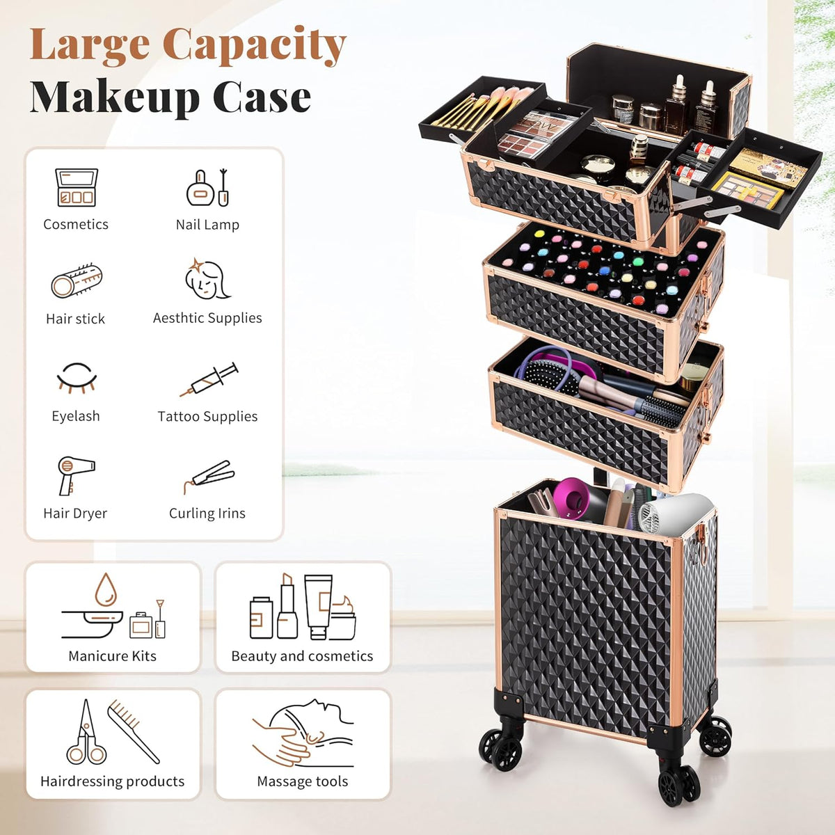 Rolling Makeup Train Case 4 in 1 Cosmetology Case on Wheels Large Storage Cosmetic Trolley with Key Salon Barber Case Traveling Cart Trunk, Pink