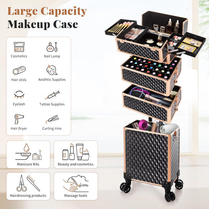 Rolling Makeup Train Case 4 in 1 Cosmetology Case on Wheels Large Storage Cosmetic Trolley with Key Salon Barber Case Traveling Cart Trunk, Pink