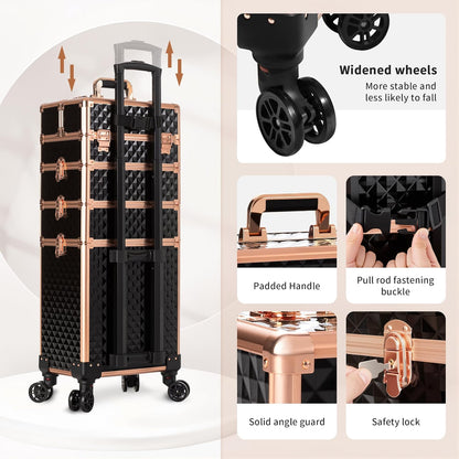 Rolling Makeup Train Case 4 in 1 Cosmetology Case on Wheels Large Storage Cosmetic Trolley with Key Salon Barber Case Traveling Cart Trunk, Pink