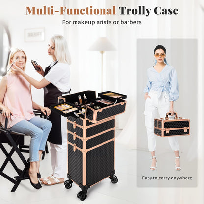 Rolling Makeup Train Case 4 in 1 Cosmetology Case on Wheels Large Storage Cosmetic Trolley with Key Salon Barber Case Traveling Cart Trunk, Pink