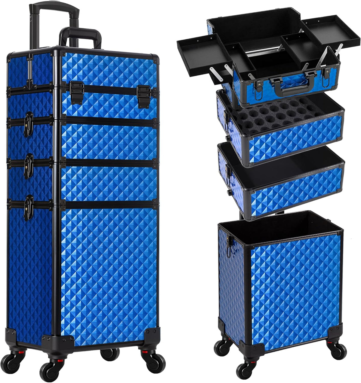 Rolling Makeup Train Case 4 in 1 Cosmetology Case on Wheels Large Storage Cosmetic Trolley with Key Salon Barber Case Traveling Cart Trunk, Pink