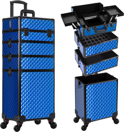 Rolling Makeup Train Case 4 in 1 Cosmetology Case on Wheels Large Storage Cosmetic Trolley with Key Salon Barber Case Traveling Cart Trunk, Pink