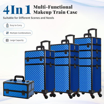 Rolling Makeup Train Case 4 in 1 Cosmetology Case on Wheels Large Storage Cosmetic Trolley with Key Salon Barber Case Traveling Cart Trunk, Pink
