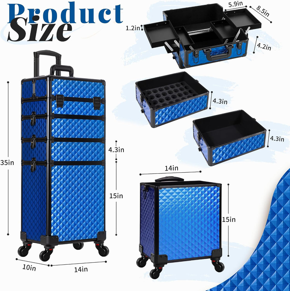 Rolling Makeup Train Case 4 in 1 Cosmetology Case on Wheels Large Storage Cosmetic Trolley with Key Salon Barber Case Traveling Cart Trunk, Pink