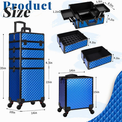 Rolling Makeup Train Case 4 in 1 Cosmetology Case on Wheels Large Storage Cosmetic Trolley with Key Salon Barber Case Traveling Cart Trunk, Pink
