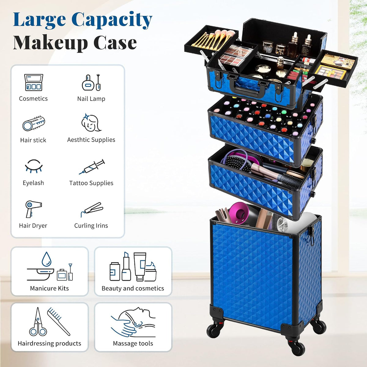 Rolling Makeup Train Case 4 in 1 Cosmetology Case on Wheels Large Storage Cosmetic Trolley with Key Salon Barber Case Traveling Cart Trunk, Pink
