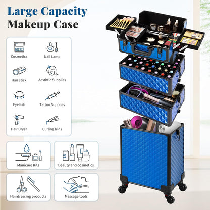 Rolling Makeup Train Case 4 in 1 Cosmetology Case on Wheels Large Storage Cosmetic Trolley with Key Salon Barber Case Traveling Cart Trunk, Pink