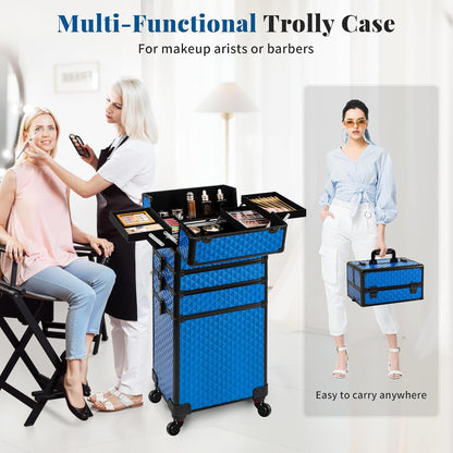 Rolling Makeup Train Case 4 in 1 Cosmetology Case on Wheels Large Storage Cosmetic Trolley with Key Salon Barber Case Traveling Cart Trunk, Pink