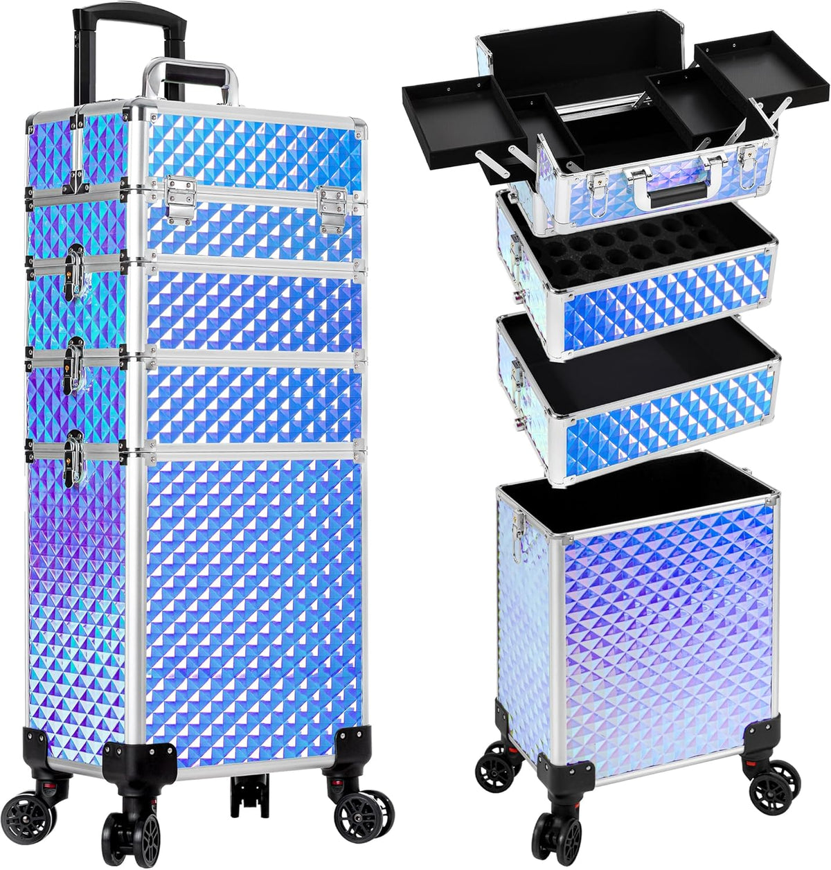 Rolling Makeup Train Case 4 in 1 Cosmetology Case on Wheels Large Storage Cosmetic Trolley with Key Salon Barber Case Traveling Cart Trunk, Pink