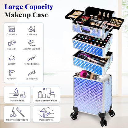 Rolling Makeup Train Case 4 in 1 Cosmetology Case on Wheels Large Storage Cosmetic Trolley with Key Salon Barber Case Traveling Cart Trunk, Pink