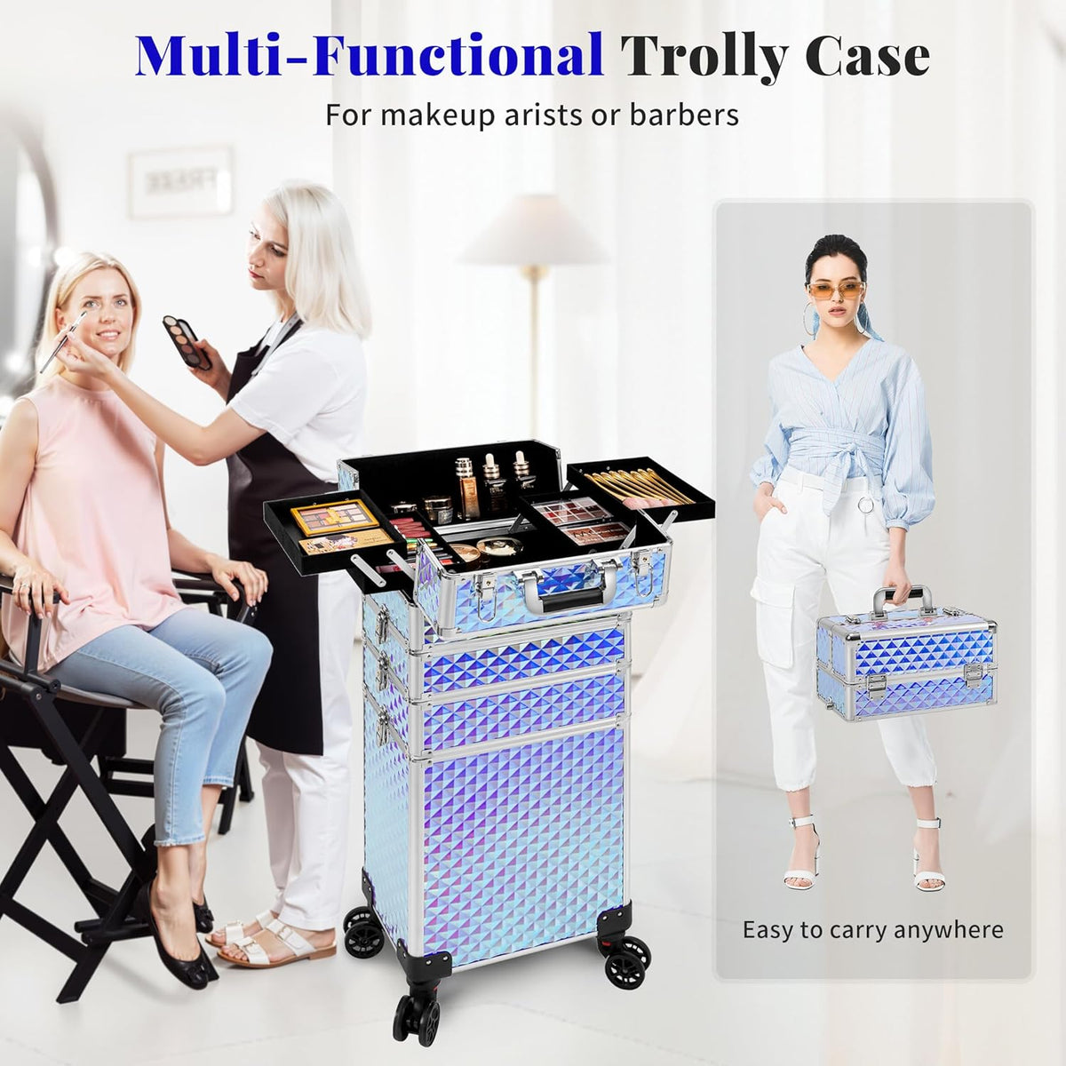 Rolling Makeup Train Case 4 in 1 Cosmetology Case on Wheels Large Storage Cosmetic Trolley with Key Salon Barber Case Traveling Cart Trunk, Pink