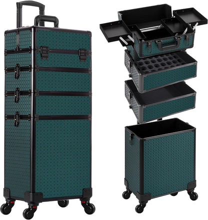 Rolling Makeup Train Case 4 in 1 Cosmetology Case on Wheels Large Storage Cosmetic Trolley with Key Salon Barber Case Traveling Cart Trunk, Pink